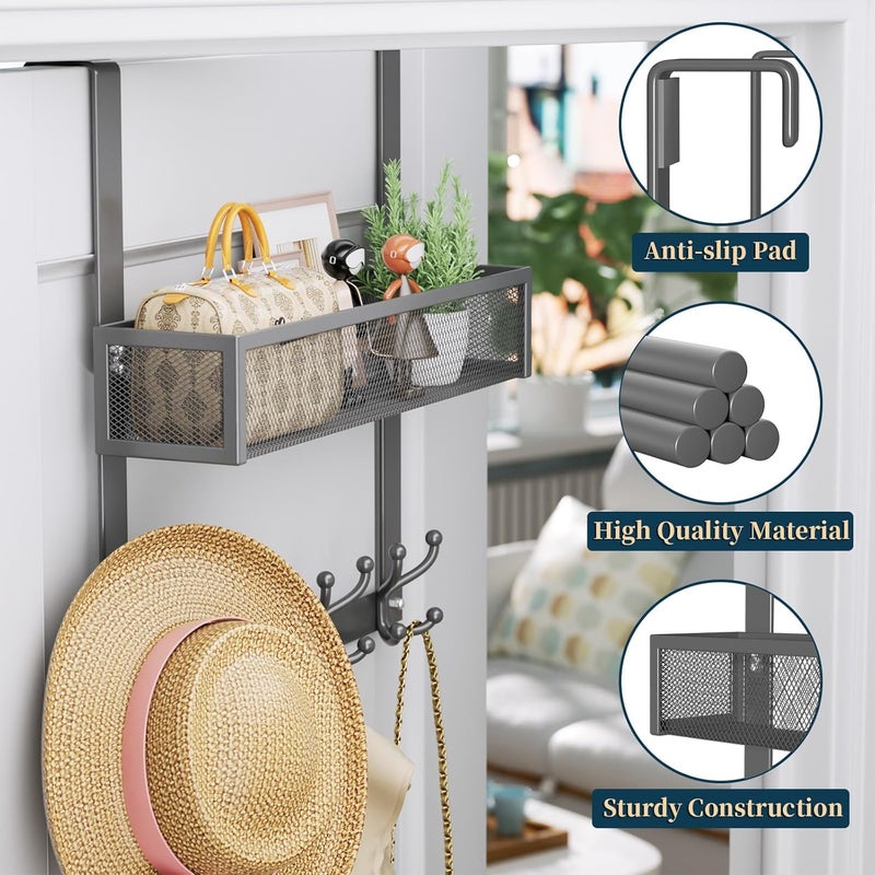 Consumest Over The Door Hooks Organizer - Over Door Hanger with 16 Hooks & 2 Baskets for Hanging Coat, Clothing, Towel, Hanging Organizer for Bathroom, Closet, College Dorm, Grey - Image 3